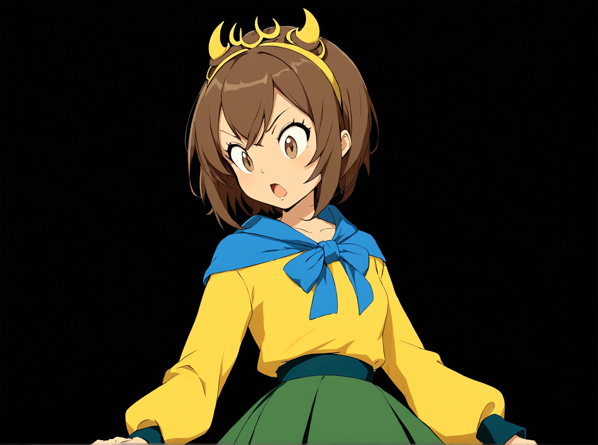 1girl, solo, short hair, open mouth, skirt, simple background, brown hair, shirt, long sleeves, brown eyes, parody, looking down, hair hoop, black background