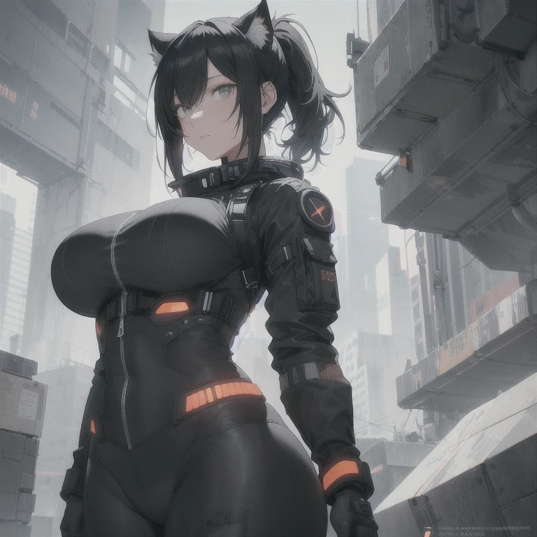 Absurd resolution, high resolution, (masterpiece: 1.4), hyper-detail, fullbody image, solo, 1 kemono feline cat woman, black hair, messy ponytail, cute face, detailed soft grey eyes, extremely large bust, huge hyper super breasts, wide full hips, narrower torso, smaller torso, full thicc soft thighs, rounded full soft butt, fullbody covering protective padding pilot rugged utility suit, scifi padded high collar techwear jacket with triangular decals and techwear iconography, techwear gloves, lower arm mounted display scifi tablet/communication device/computer, rugged tablet display mounted on MOLLE strap on top of her bust, fitted utility pants, near future scifi, cyberpunk aesthetic, anime aesthetic