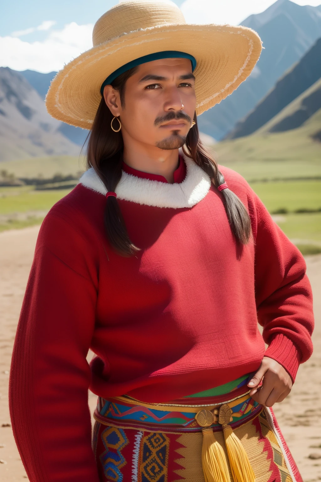 (8k, best quality, masterpiece:1.2), (realistic, photo-realistic:1.37), ultra-detailed, 1 man, Peruvian, solo, beautiful detailed landscape, colorful traditional market, day, standing,(nose piercing),(serious expression:1.1),(closed mouth) , medium build,beautiful detailed eyes,(traditional alpaca sweater:1.1), day, bright, traditional attire, sun, (long hair:1.2), gustavo celo, hat, detail hand, beautiful detailed face, traditional Peruvian hat on head.