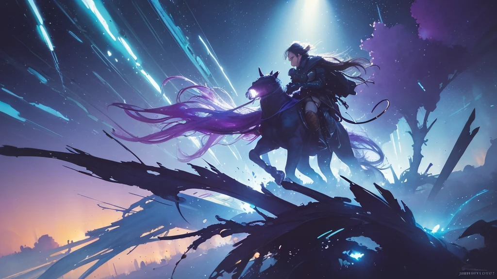 32k, Masterpiece, Highest quality, One girl, Detailed eyes, flower,gladiolus, Light blue and purple style,A dreamy, romantic piece,Pale yellow, Mysterious Leaves,A playful arrangement,Fantasy,High Contrast,Ink strokes,explosion,Exposure, Impression of light blue and purple tones,Abstract,((Watercolours by John Berkey and Jeremy Mann )) Brush strokes,Negative Space, Tyndall effect,