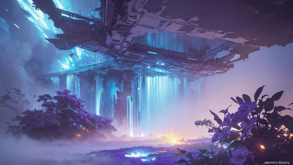 32k, Masterpiece, Highest quality, One girl, Detailed eyes, flower,gladiolus, Light blue and purple style,A dreamy, romantic piece,Pale yellow, Mysterious Leaves,A playful arrangement,Fantasy,High Contrast,Ink strokes,explosion,Exposure, Impression of light blue and purple tones,Abstract,((Watercolours by John Berkey and Jeremy Mann )) Brush strokes,Negative Space, Tyndall effect,