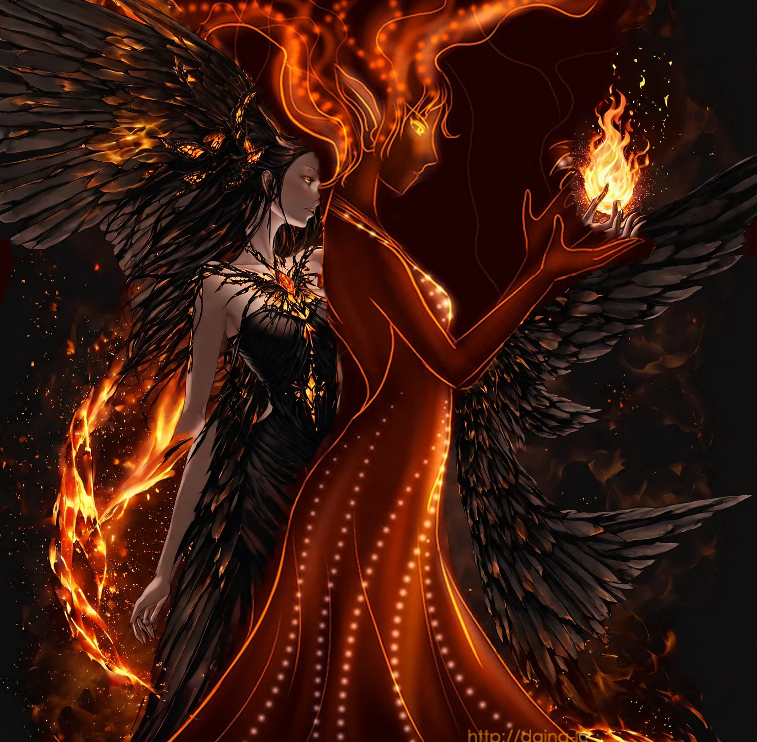 there is a woman holding a glowing black stone that glimmers in her hand, her wings on her back are tattered and on fire, background gleams with black jewel, the butterfly goddess of fire, fire goddess, goddess of fire, appears as the fire goddess, glowing amber, faerie, glowing angelic being, with fiery golden wings, the fire goddess, with fiery golden wings of flame, the fire queen, goddess of light, astral fairy, fairy, fey magical lighting, wings attached to her back are on fire and tattered, 