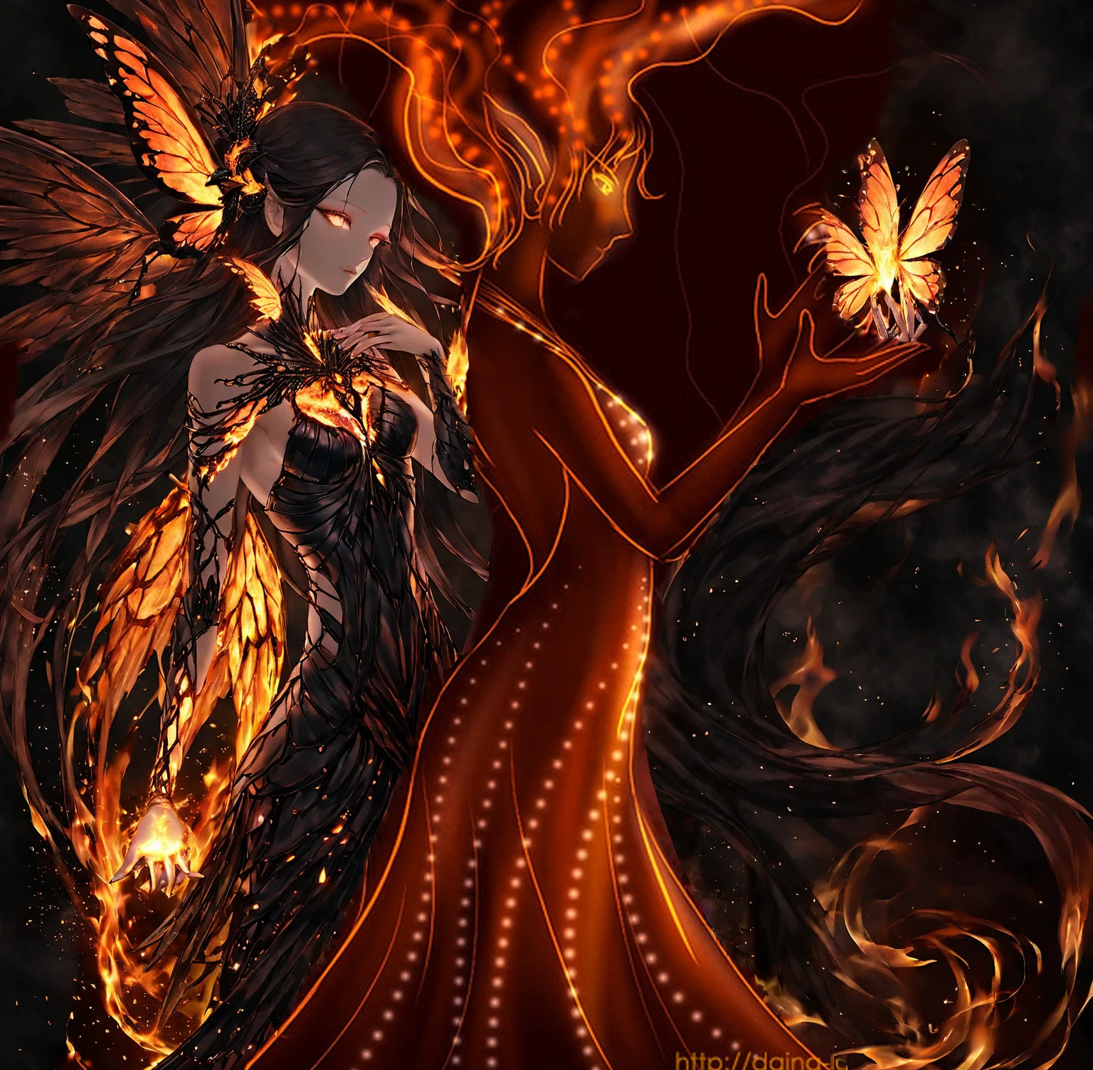 there is a woman holding a glowing black stone that glimmers in her hand, her wings on her back are tattered and on fire, background gleams with black jewel, the butterfly goddess of fire, fire goddess, goddess of fire, appears as the fire goddess, glowing amber, faerie, glowing angelic being, with fiery golden wings, the fire goddess, with fiery golden wings of flame, the fire queen, goddess of light, astral fairy, fairy, fey magical lighting, wings attached to her back are on fire and tattered, 