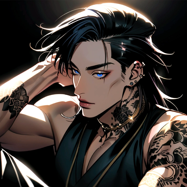 He has black hair cut into a Mullet, piercings in his ears, he smokes and has tattoos on side of his neck, and a dragon tattoo on his arm, blue eyes and well-shaped pink lips, broad shoulders.