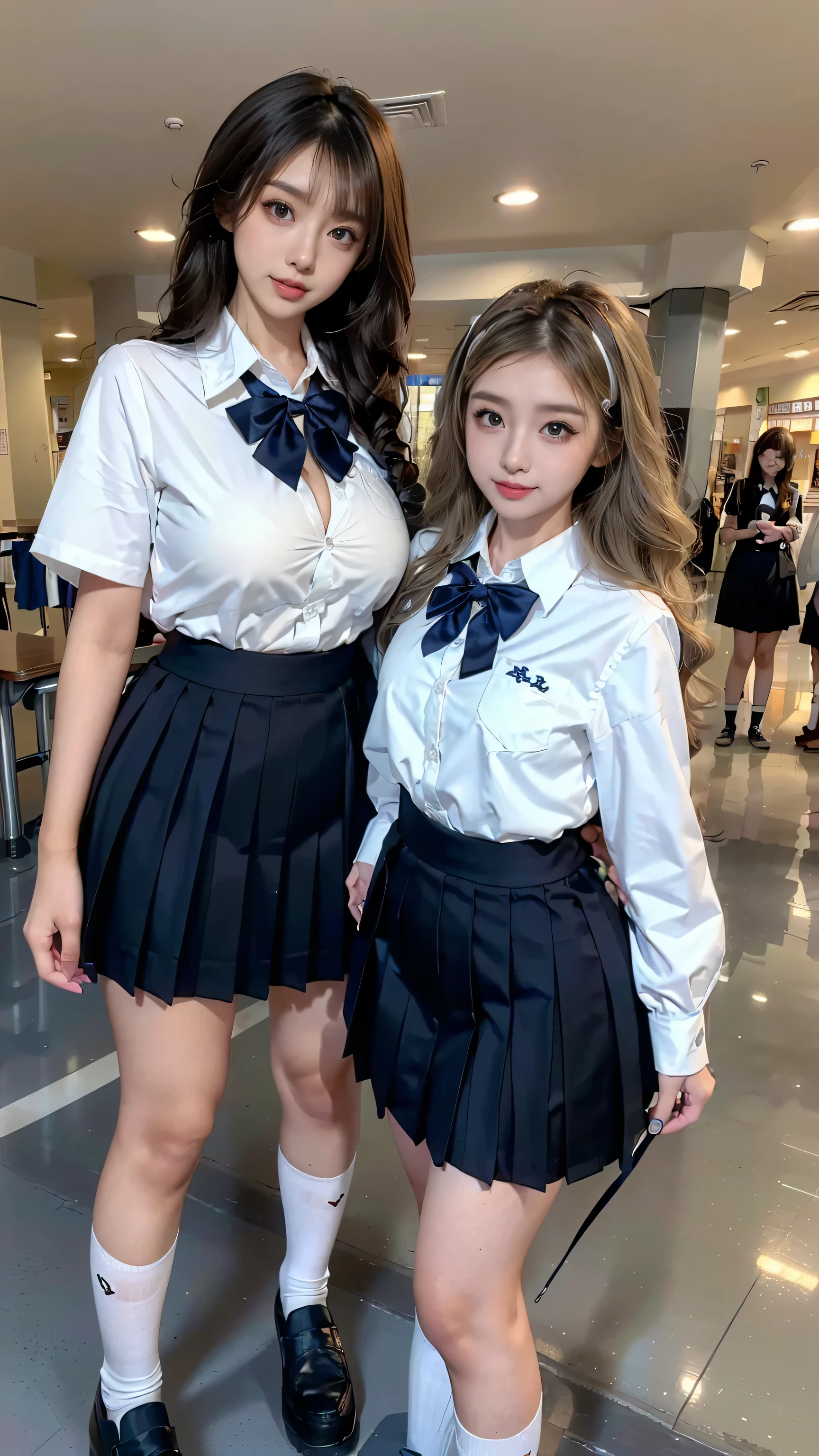 (scene; (Two women:1.8)), gal, (Two high school girls), (Shopping mall, Shopping Street, street, Outdoor), (Full body portrait, Photograph the whole body, Are standing, Doing sexy poses), (Tall, Thin thighs, Elongated arms and legs, Small waist, Small hips), ((Highly detailed skin), Beautiful realistic face, White skin, Pointed Chest, Perfect Anatomy, Realistic eyes, Natural eyes, Brown eyes, Accurate eye focus, Accurate limbs), (hyper realist, Ultra-realistic, 4K, Attention to detail, Ultra-high resolution, Highest quality, masterpiece, Presence, dynamic, Uplifting, bold, Sharpness), (Big Breasts:1.5), (Cleavage:1.5), (Blonde long hair:1.5, loose wavy long hair:1.5, Loose curly hair:1.5), (sleek bangs), (Twin tail hair), ((White collared shirt, Navy pleated mini skirt, Navy colored socks, Black loafers, Ribbon tie)), High school girl in uniform, Surreal high school girl, tall, High school girls in uniform, smile, Emphasis on cleavage, (Are standingTwo high school girls:1.8),