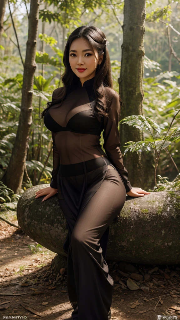[8k UHD photos, UHD high quality photos, Super detailed and super clear images],
Close-up of a Vietnamese girl with a beautiful face and balanced body, round face, big round eyes, Charming smile, Red lips, long curly eyelashes, big dimples, pointed chin, plump face, Her face resembles Tuyet Nhi, Tall and plump figure, big breasts,
Wear ice seqiun silk ao dai, high waist pants, wide tube, panty line, see-through bra, see-through panty, sitting in the forest,
Nhìn từ bên hông,
Ice saqiun silk ao dai,
