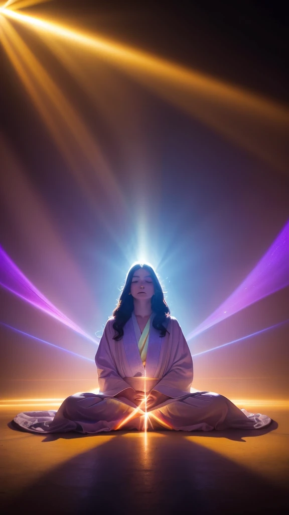 A mystical scene of a person bathed in divine light. A figure with long, wavy hair sits cross-legged in meditation, wearing a flowing purple robe. Their back is to the viewer. Above them, a brilliant, radiant light source emanates beams of golden and rainbow-hued light. The light forms a circular aura, with rays stretching down to envelop the person. The background is dark, enhancing the contrast with the luminous apparition. The overall atmosphere is one of spiritual awakening, transcendence, and connection to a higher power.