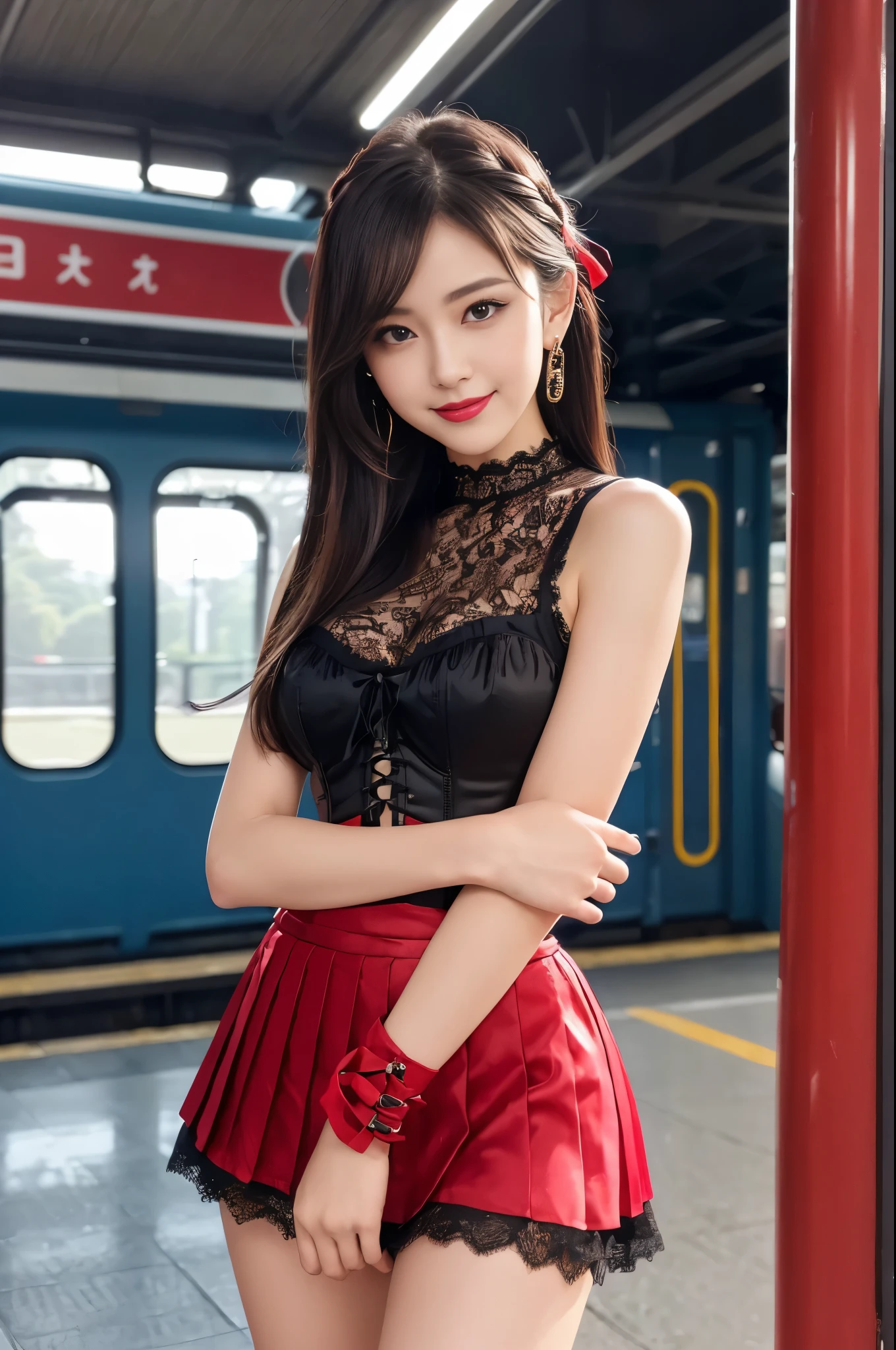 ((Photo from upper body to thigh: 1.4)), ((best soft studio lighting: 1.2)), (sexy stylish female princess: 1.3), photorealistic, ultra high resolution, (smiling face), long natural flowing hair, small breasts, (ultra detailed beautiful face), BREAK, clear sharp focus, perfect dark eyeshadow, vivid colors, (at the train station: 1.3), bold lipstick, lip-gloss, wear an off-shoulder top, full bodyesbian, ((Red-black pleated mini skirt)), (lace-up corset (lacy red or crimson) silked), ((Versace silked bustier top)), ((lace-up)), sexy braided hold-up tights, (-pantise), blue eyeliner, (beautiful princess with long legs and good style)
