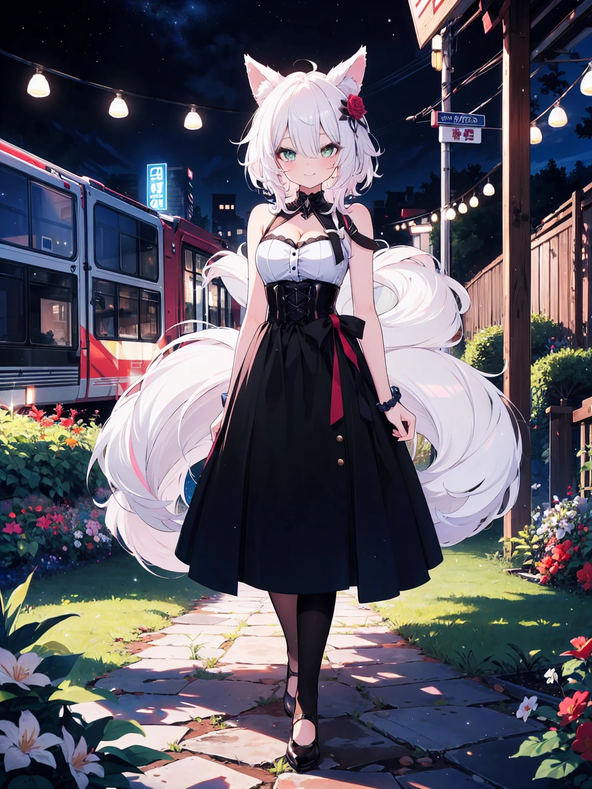 (full-body shot), (colorful:1.1), glowing, (ultra-high resolution, depth of field:1.2), (Tingyun), (Honkai Star Rail:1.1), solo, fox ears, four fox tails, fluffy tails, green eyes, red underliner, (white hair), long white hair with a hint of pink, medium breasts, (long black dress with a waist cincher), crossed collar shirt, cleavage, bare legs, smile, (squinting), garden scenery