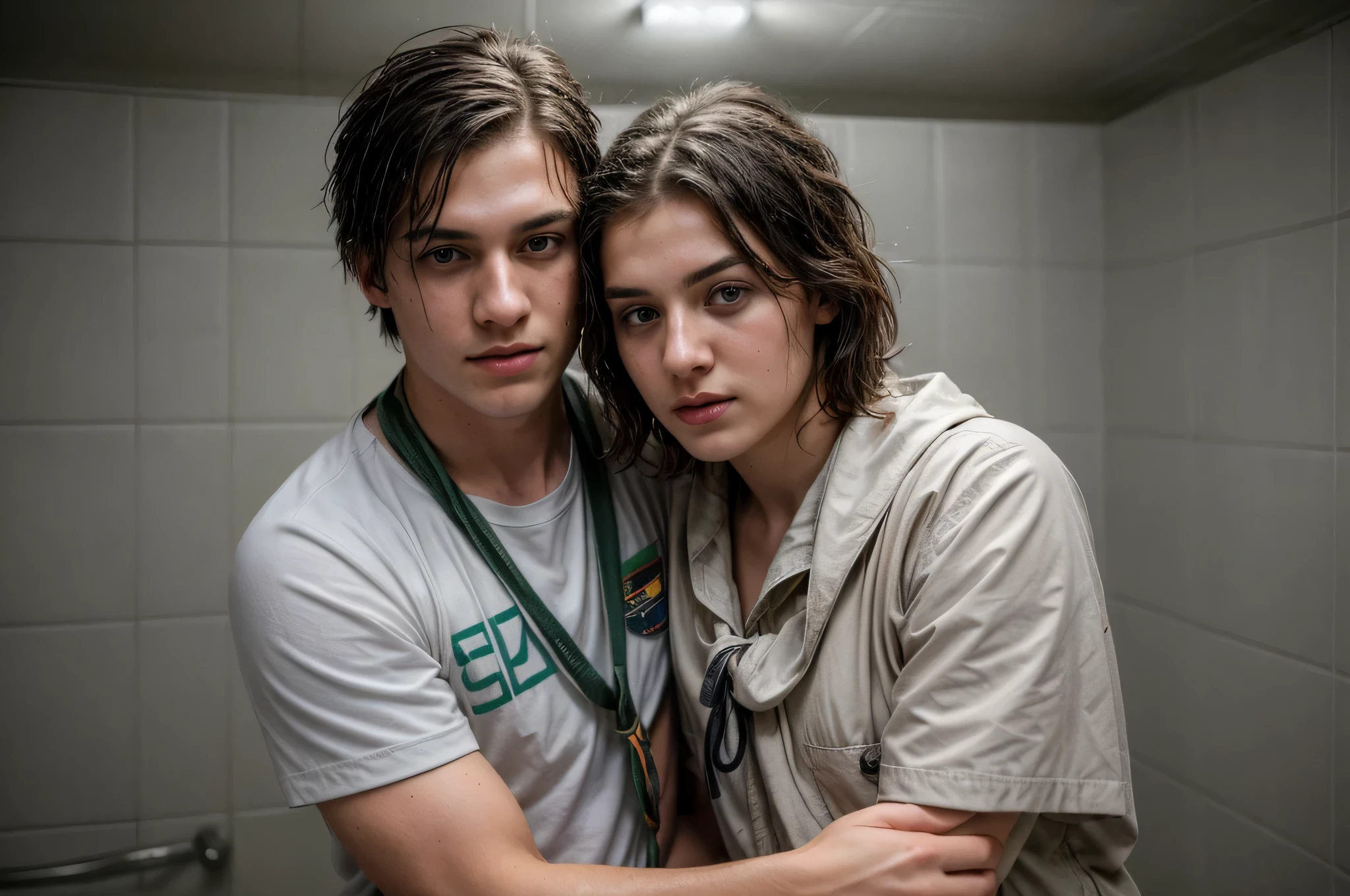 A young white male, beautiful detailed eyes, beautiful detailed lips, extremely detailed eyes and face, longeyelashes, holding a female, her legs wrapped around his waist, her arms over his shoulders, in a boy scout camp shower stall with a curtain closed, wet bodies, wet hair, hiding from those outside, (best quality,4k,8k,highres,masterpiece:1.2),ultra-detailed,(realistic,photorealistic,photo-realistic:1.37),HDR,studio lighting,extreme detail description,vivid colors,bokeh,portrait, tense mood,