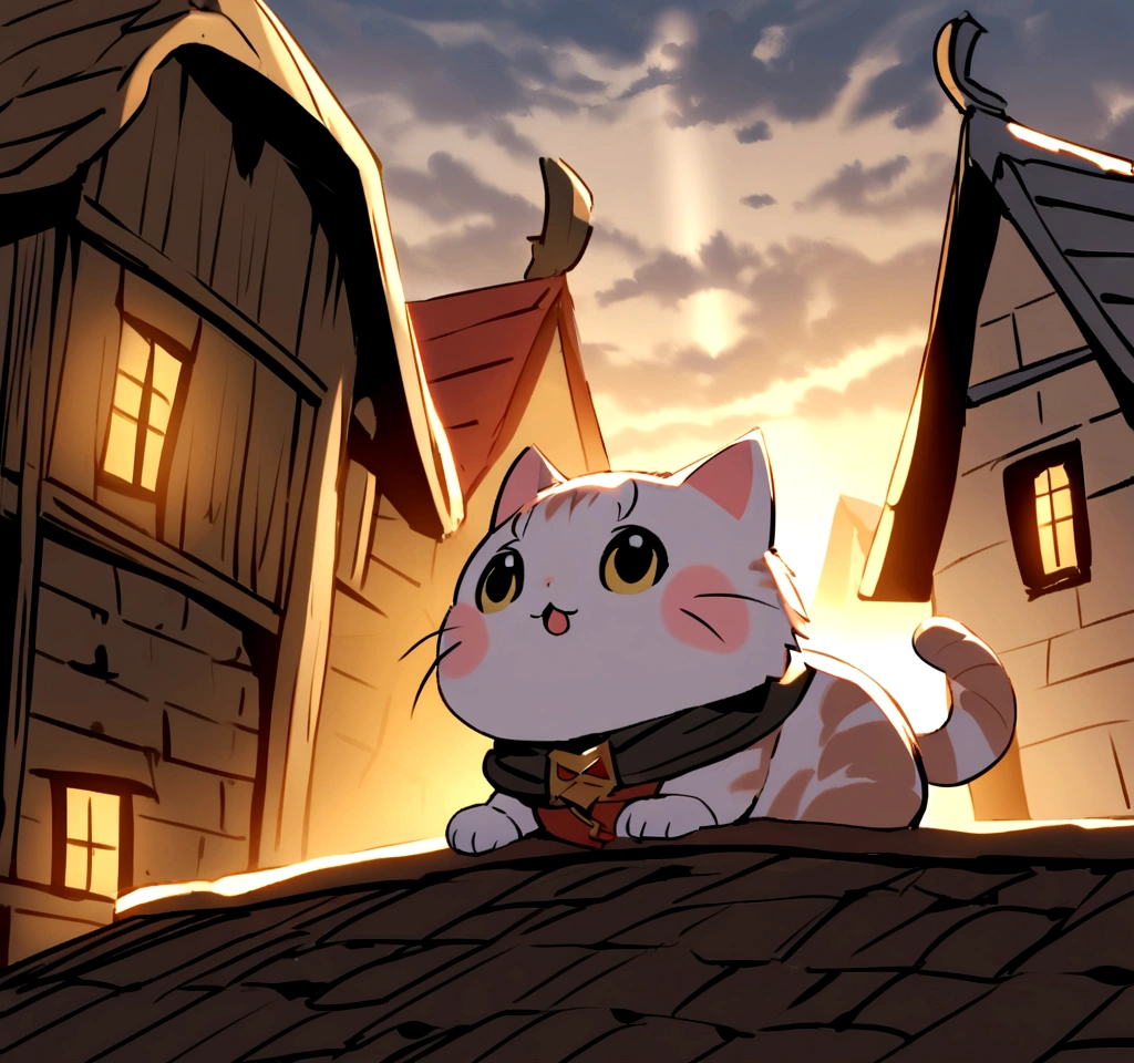 A munchkin cat dressed as a knight、Cast a powerful spell on the rooftop of a small medieval village house