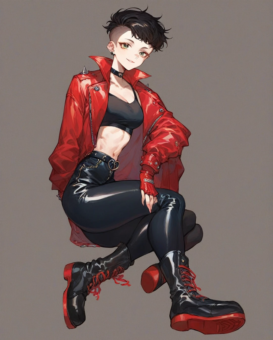 amano yoshitaka, a full-body, high-resolution anime style of A woman with black pixie cut hair, dressed in black tights, black boots, black crop top, and red leather jacket