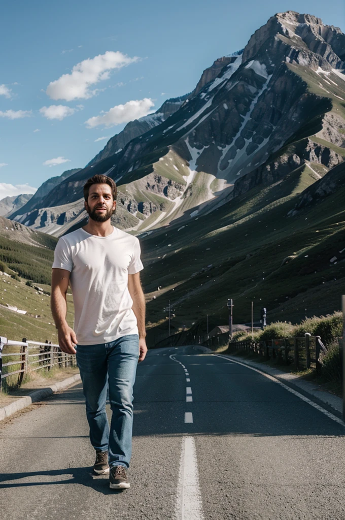 Make a caricature video of a man walking along roads and mountains
