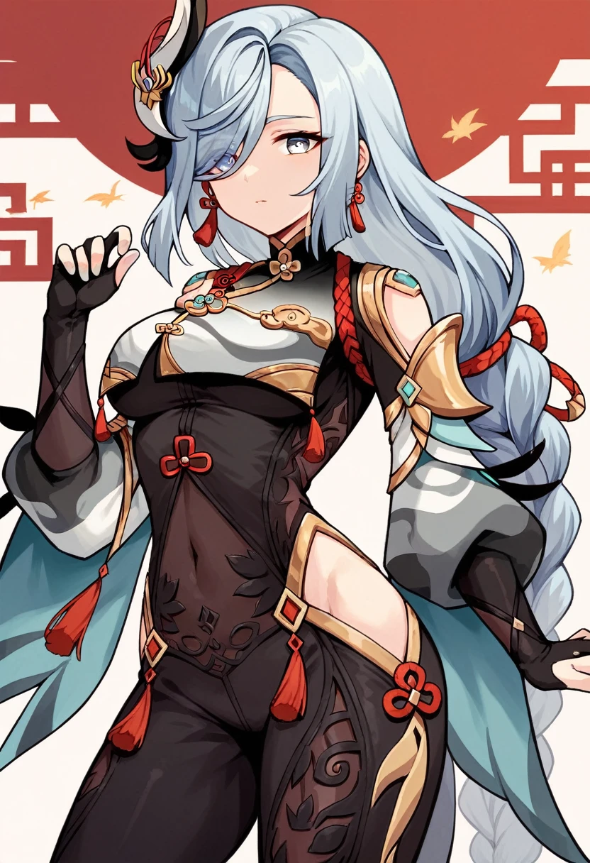 1 girl, big breasts, jiangshi, no underwear, ((long hair)), dynamic, kung fu pose, gray hair, pale skin, Chinese dress, cowboy shot, tongue sticking out, long tongue, heart-shaped eyes, unusual long braids