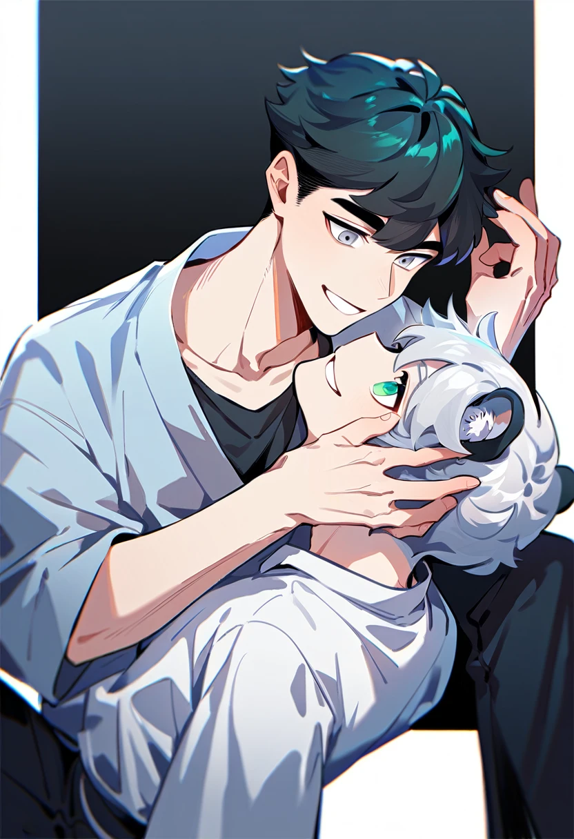 2 young men, focus man , Yaoi, pair, portable princess, bear, shirt, trousers, look elsewhere, smile, short hair, black hair, green eyes, black circle hair, gray eyes , The best aesthetics , best quality, Amazing quality, The best aesthetics, nonsense,bright
