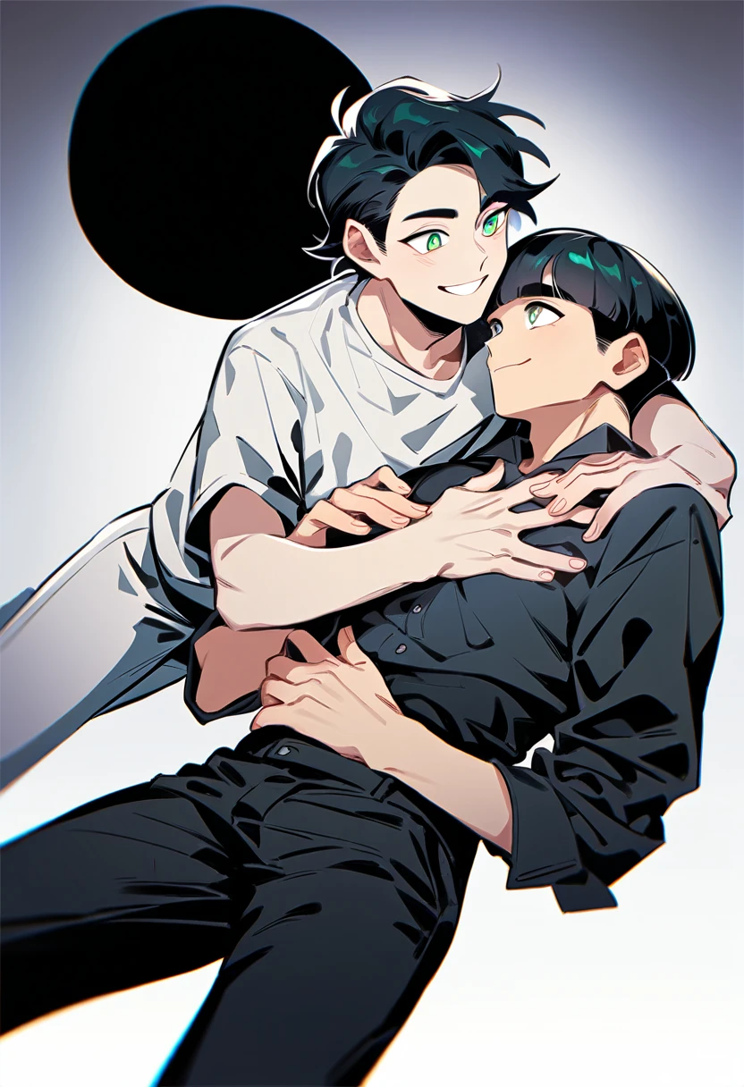 masterpiece, best quality, cute, 2 boy, on the lap, black hair 1 character, close eyes,. No clothes. Boy behind the first strong, dark boy. First boy on lap black hair and closed eyes. Second boy with his phallus between the legs on the other side which are open. White and red liquid between lap boy's thighs . Second strong muscular boy, big, tall, strong, big arms and dark. Front perspective. Naked. Second boy Behind the boy on the lap, with open yellow eyes and a twisted smile and a blushing face. First boy still with his eyes closed and a trail of tears.
