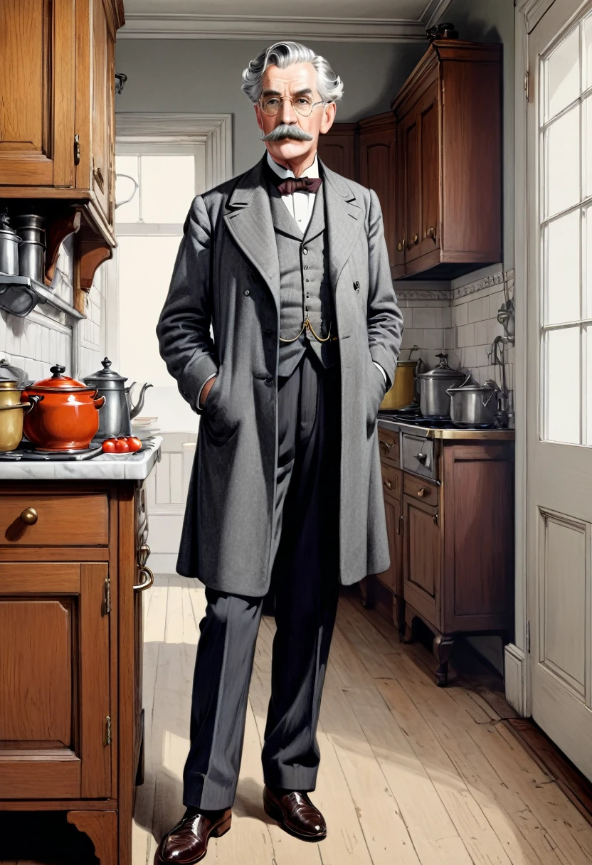 Full body shot in side view, elderly handsome bulky Victorian gentleman with grey hair and moustache standing in an kitchen coloured drawing in the style of 1871 Punch magazine illustrations. In the style of Charles Dana Gibson