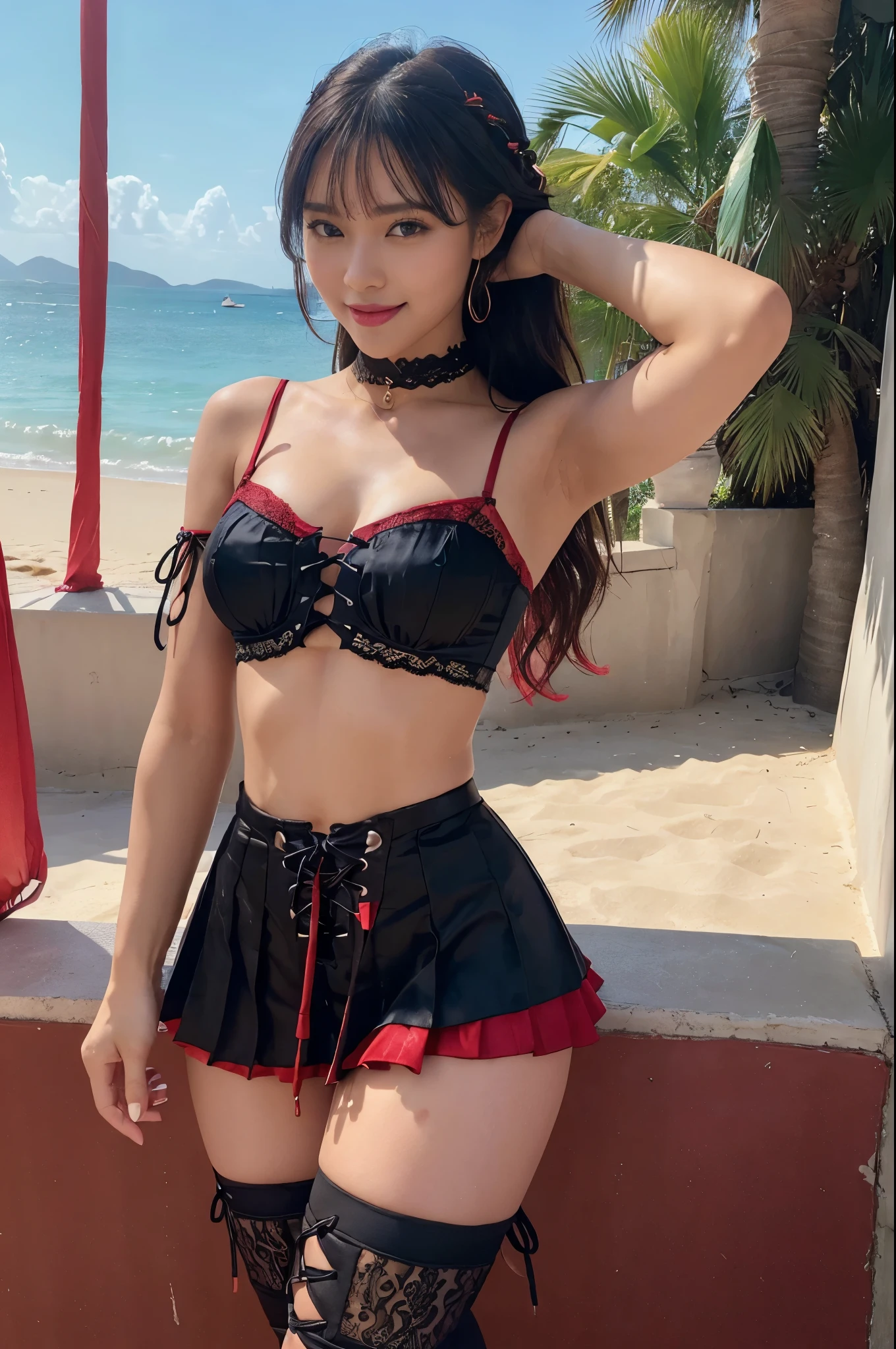 ((Photo from upper body to thigh: 1.4)), ((best soft studio lighting: 1.2)), (sexy Thai model: 1.3), photorealistic, ultra high resolution, closeup photo, (smiling face), long natural flowing hair, small breasts, (ultra detailed beautiful face), BREAK, clear sharp focus, perfect dark eyeshadow, vivid colors, (large bright sunny beach club background: 1.3), bold lipstick, lip-gloss, black sparkling jewelry, wear an off-shoulder top, ultra detailed silk choker, full bodyesbian, ((Red-black pleated mini skirt)), (ultra detailed lace-up corset (lacy red or crimson) silked), ((Versace silked bustier top)), ((lace-up)), (sexy braided hold-up tights), (-pantise), blue eyeliner, (beautiful princess with long legs and good style)