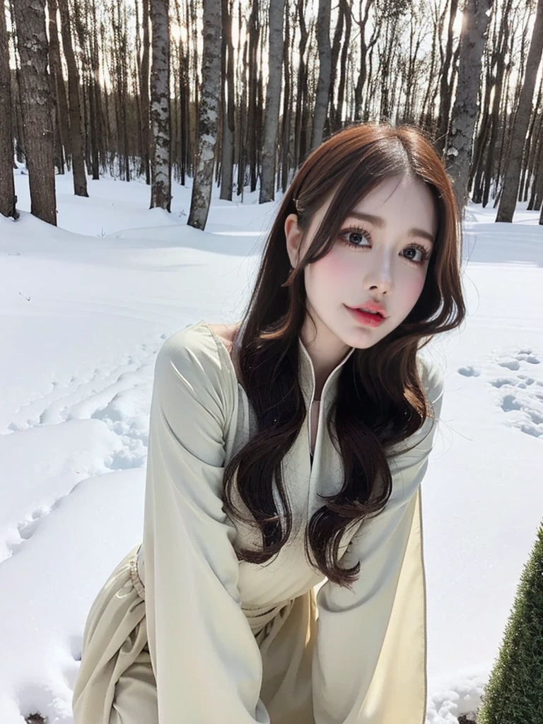 craft a hyper realistic vertical photo of anne hathway, attractive woman in her 40s, sleek, highly detailed, formal, determined, colorized, smooth, charming, pretty, soft smile, soft lips, black eyes, black shalwar kameez, on knees, winter forest, snow wind, cold atmosphere,