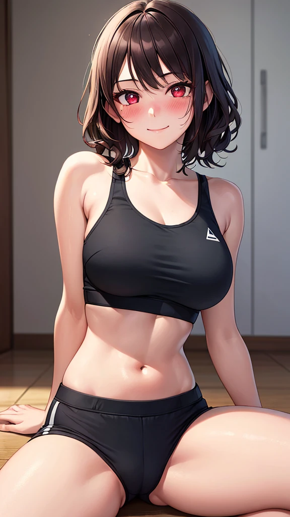 ((Highest quality, High resolution, Pixel perfect, Written boundary depth, 8K)), 1 Girl, high school student, beautiful girl, Perfect Face, Baby Face, ((Red eyes:1.4, Beautiful eyelashes, Realistic eyes)), (Detailed face, blush:1.4), nice smile, ((Brown Hair,short hair, Curly Hair:0.7)), ((Smooth texture:0.75, Realistic texture:0.65)), Medium Chest, Perfect body, A little thin,Beautiful thighs, (Sports Bra), Fitness Club