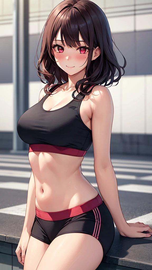 ((Highest quality, High resolution, Pixel perfect, Written boundary depth, 8K)), 1 Girl, high school student, beautiful girl, Perfect Face, Baby Face, ((Red eyes:1.4, Beautiful eyelashes, Realistic eyes)), (Detailed face, blush:1.4), nice smile, ((Brown Hair,short hair, Curly Hair:0.7)), ((Smooth texture:0.75, Realistic texture:0.65)), Medium Chest, Perfect body, A little thin,Beautiful thighs, (Sports Bra), Fitness Club