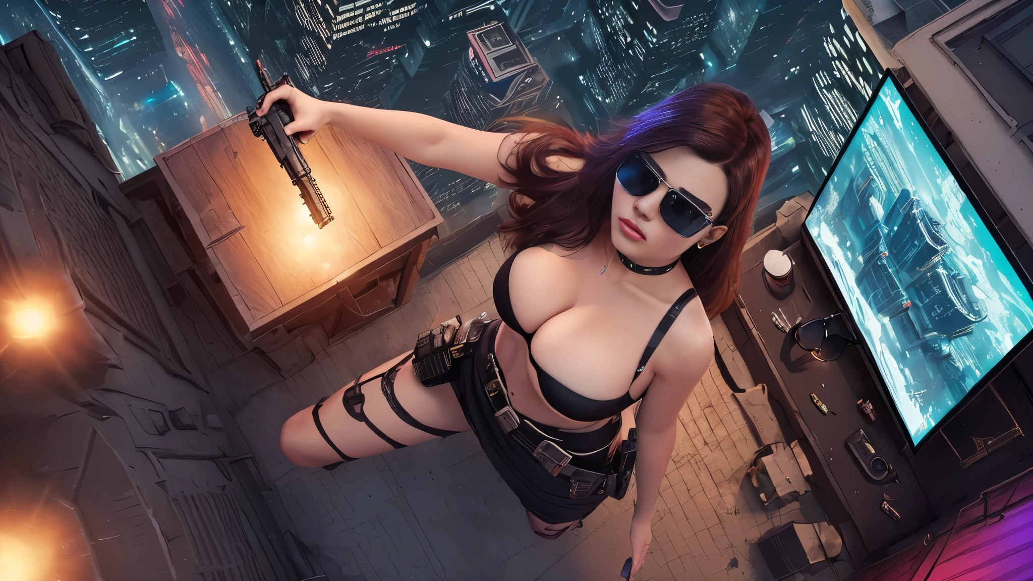 (((at night))), FPS gaming screen view, rooftop, (((high angle view))) of cyberpunk city, unreal engine 5 rendering, (((1Girl, solo))), large breasts, Chest exposed, breast cleavage, wide open ass, slim waist, dynamic seductive pose, ((​masterpiece:1.2)), top-quality, official art, detailed CG Unity 8K Wallpapers, artbook, Expressive Hues, Vibrant Palette, B deficiency and white clothes, (((matrix style black micro sunglasses))), (((((aiming with a short gun))))), (((looking at camera))), (((very low view))), (((thigh level medium shot))).