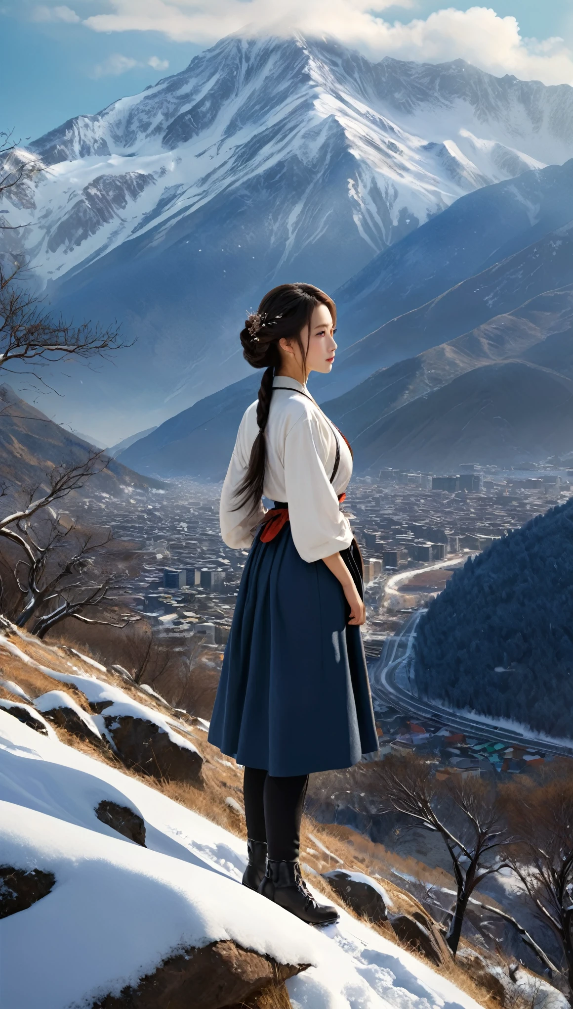 ((masterpiece)),Highest quality, figure, dark, One girl, In the wilderness,A tall mountain,Snow-capped mountains visible in the distance々, city, Beautiful attention to detail,  Beautiful detailed hair,