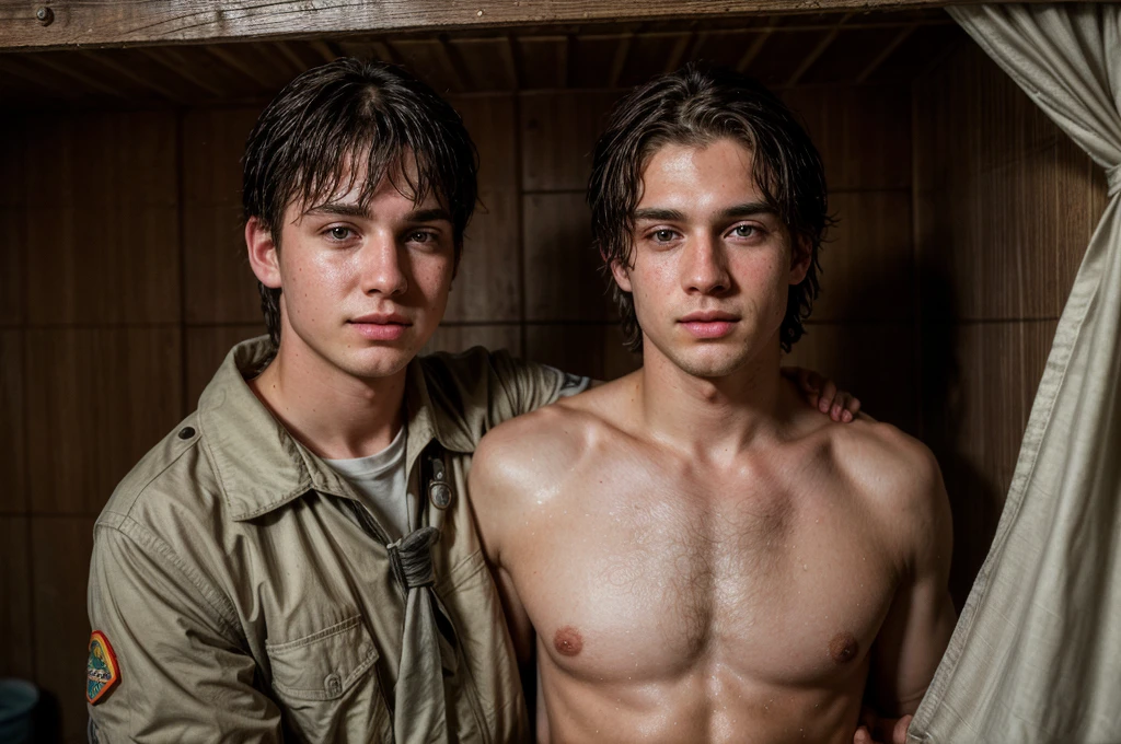 A young white male, beautiful detailed eyes, beautiful detailed lips, extremely detailed eyes and face, longeyelashes, holding a female, her legs wrapped around his waist, her arms over his shoulders, piggy back, communal campground shower, boy scout camp, no ceiling, open eye, flimsy wooden walls, in a boy scout camp shower stall with a curtain closed, wet bodies, wet hair, hiding from those outside, (best quality,4k,8k,highres,masterpiece:1.2),ultra-detailed,(realistic,photorealistic,photo-realistic:1.37),HDR,studio lighting,extreme detail description,vivid colors,bokeh,portrait, tense mood, 