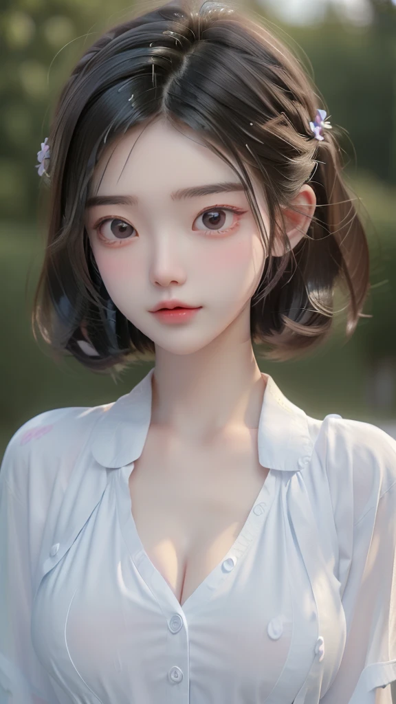 ((Best Quality, 8K, Masterpiece: 1.3)), Sharp: 1.2, Perfect Body Beauty: 1.4, Slim Abs: 1.2, ((Layered Hairstyle, Big Breasts: 1.2)), (Wet White Button Shirt: 1.1), (Rain, Street: 1.2), Wet: 1.5, Highly detailed face and skin texture, detailed eyes, double eyelids, face looking at the camera, , push up bra