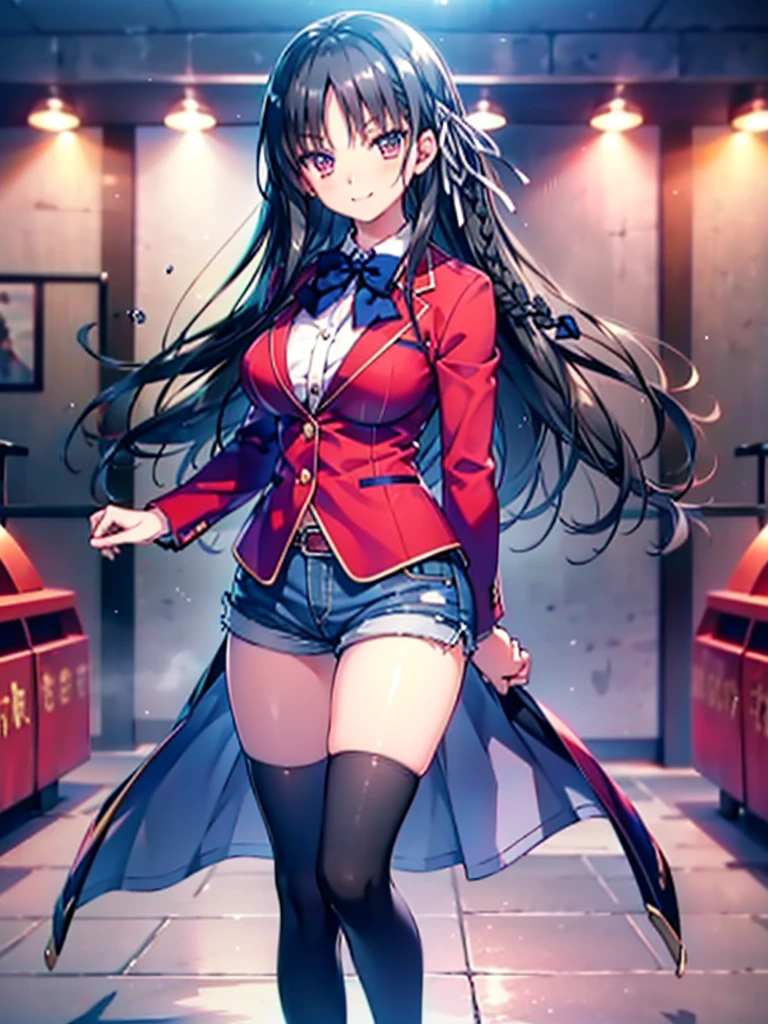 (8K, Highest quality, Highest quality, masterpiece), aasuzune, long hair, black hair, (single braid:1.2), hair ribbon, red jacket, blazer, blue bowtie, long sleeves, black thighhighs, smile, denim hot shorts, mini shorts, big breasts