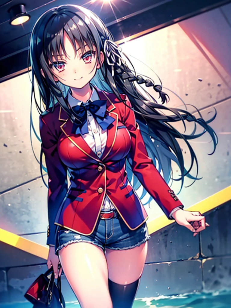 (8K, Highest quality, Highest quality, masterpiece), aasuzune, long hair, black hair, (single braid:1.2), hair ribbon, red jacket, blazer, blue bowtie, long sleeves, black thighhighs, smile, denim hot shorts, mini shorts, big breasts