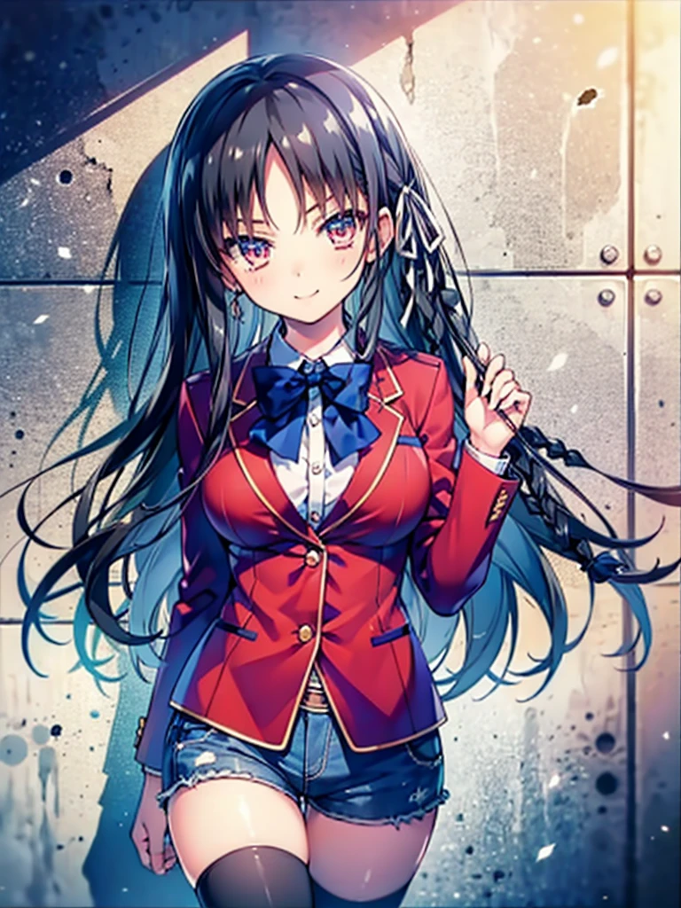 (8K, Highest quality, Highest quality, masterpiece), aasuzune, long hair, black hair, (single braid:1.2), hair ribbon, red jacket, blazer, blue bowtie, long sleeves, black thighhighs, smile, denim hot shorts, mini shorts, big breasts