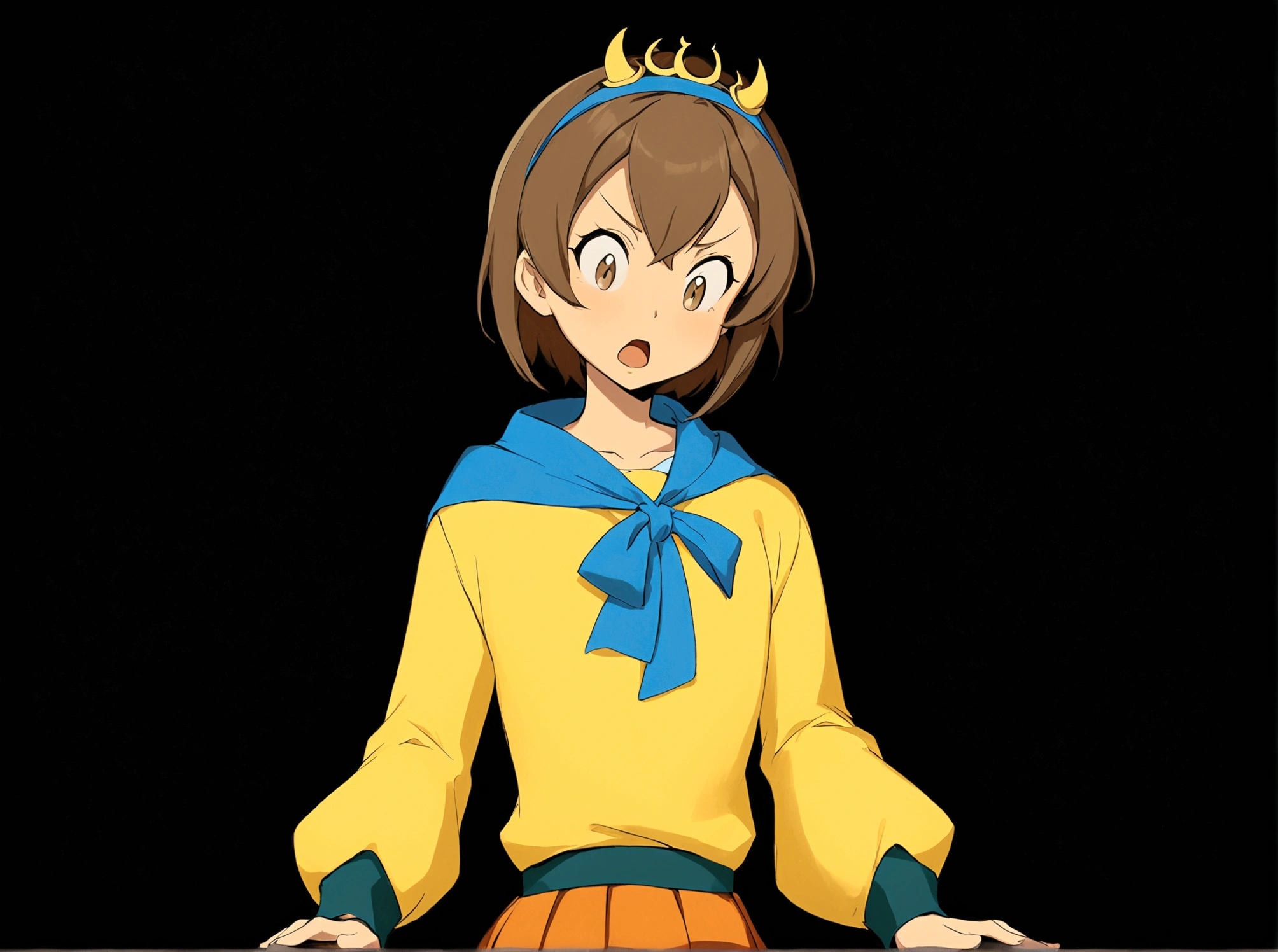 1boy, solo, short hair, open mouth, skirt, simple background, brown hair, shirt, long sleeves, brown eyes, parody, looking down, hair hoop, black background