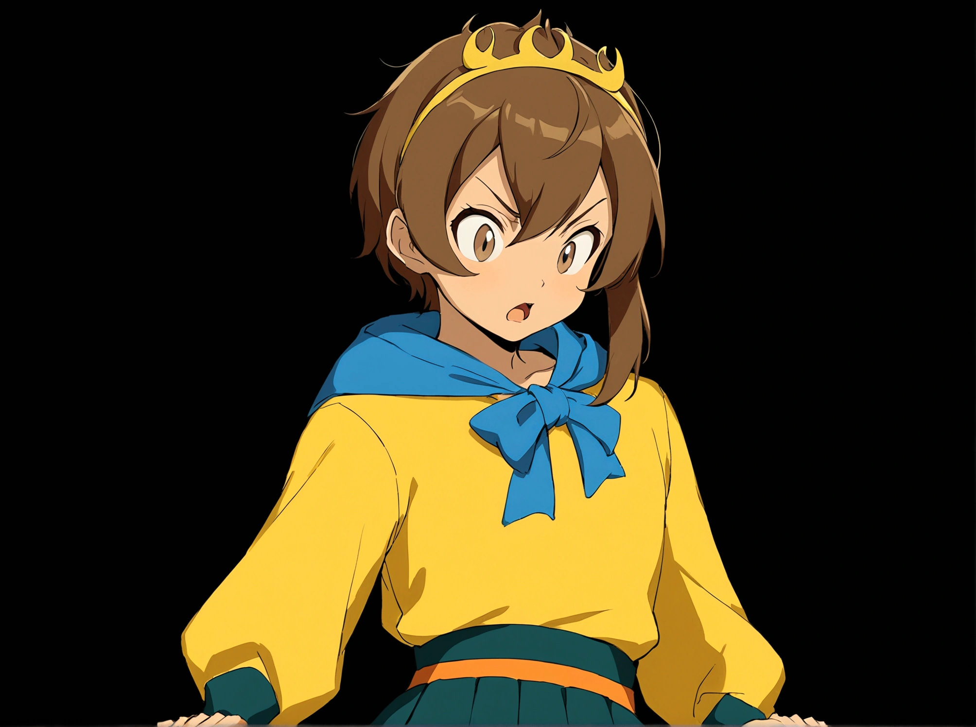 1boy, solo, short hair, open mouth, skirt, simple background, brown hair, shirt, long sleeves, brown eyes, parody, looking down, hair hoop, black background