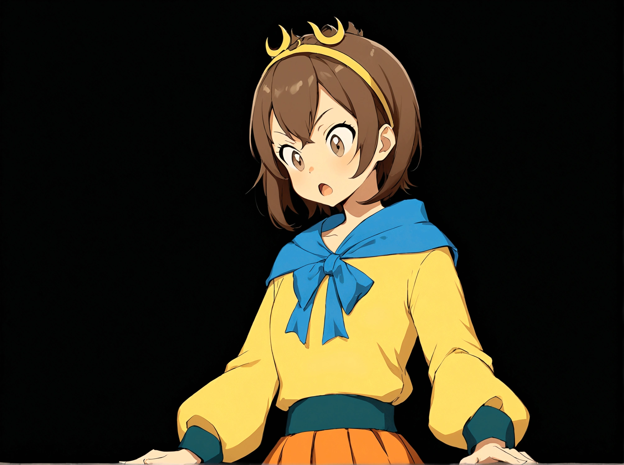 1boy, solo, short hair, open mouth, skirt, simple background, brown hair, shirt, long sleeves, brown eyes, parody, looking down, hair hoop, black background