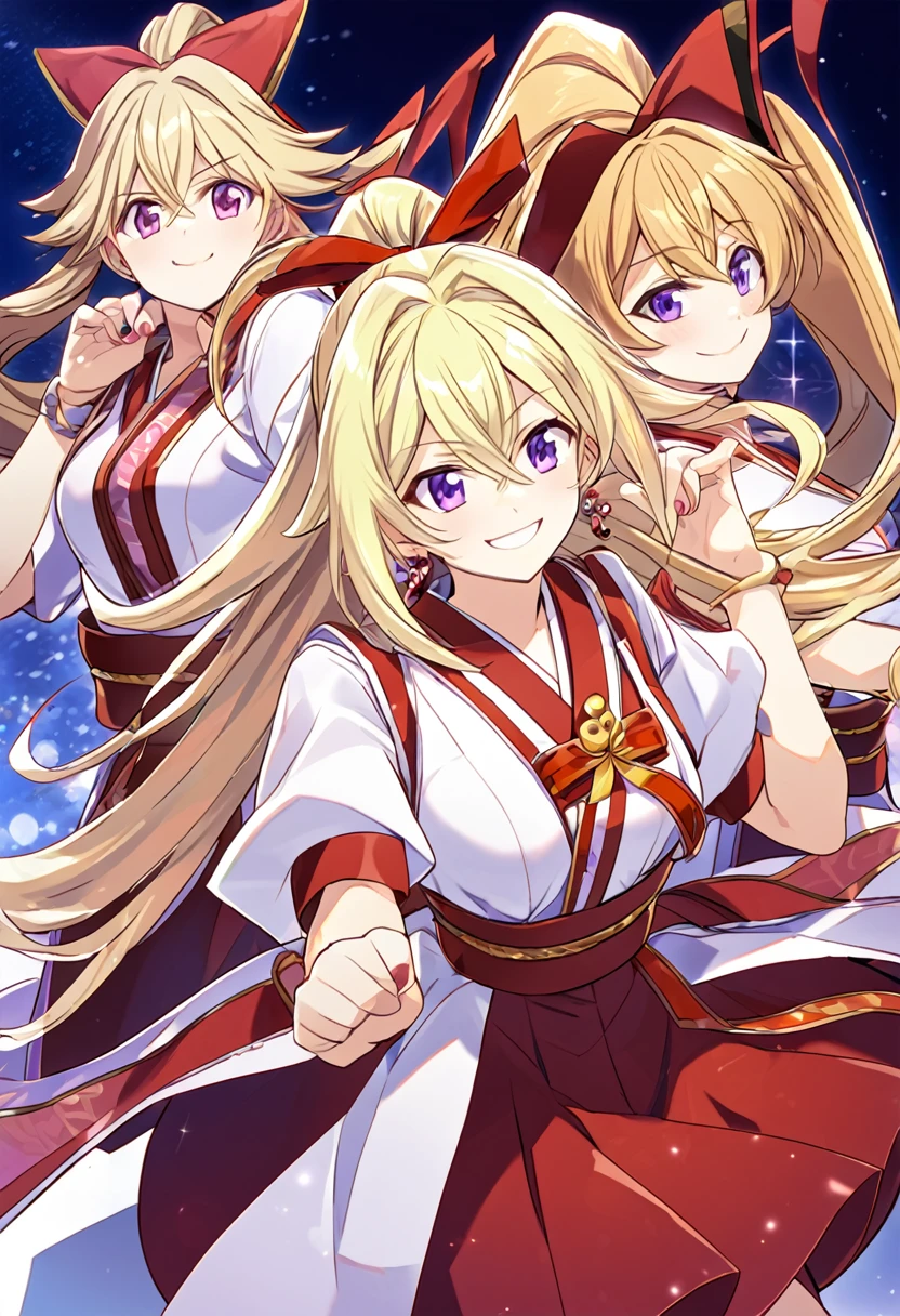 kusakabe maron, nontraditional miko, kaitou jeanne, long hair, smile, purple eyes, blonde hair, bow, ribbon, hair ribbon, ponytail, earrings, red ribbon, red bow, drill hair, high ponytail,