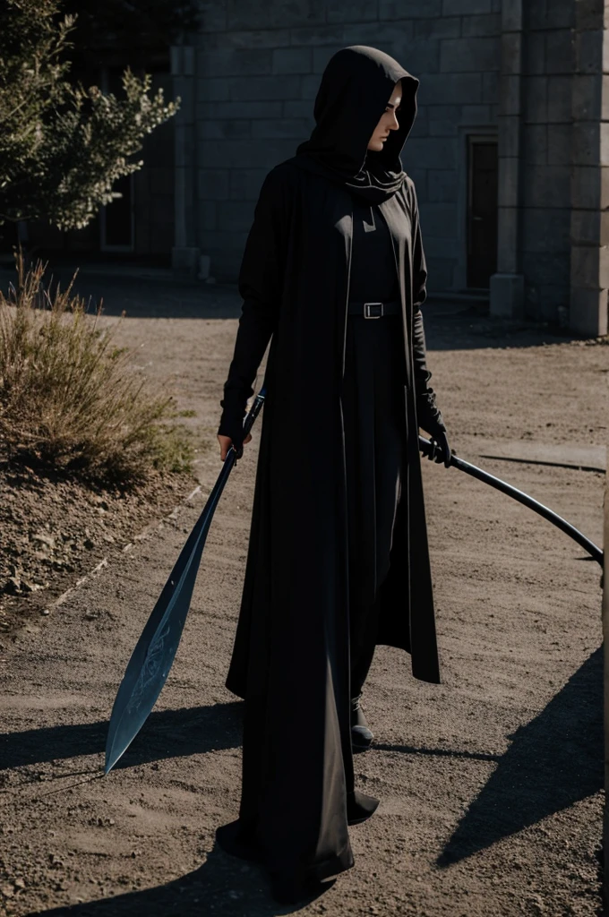 Create a dark faceless shadow that is feminine and has an elegant double-edged scythe