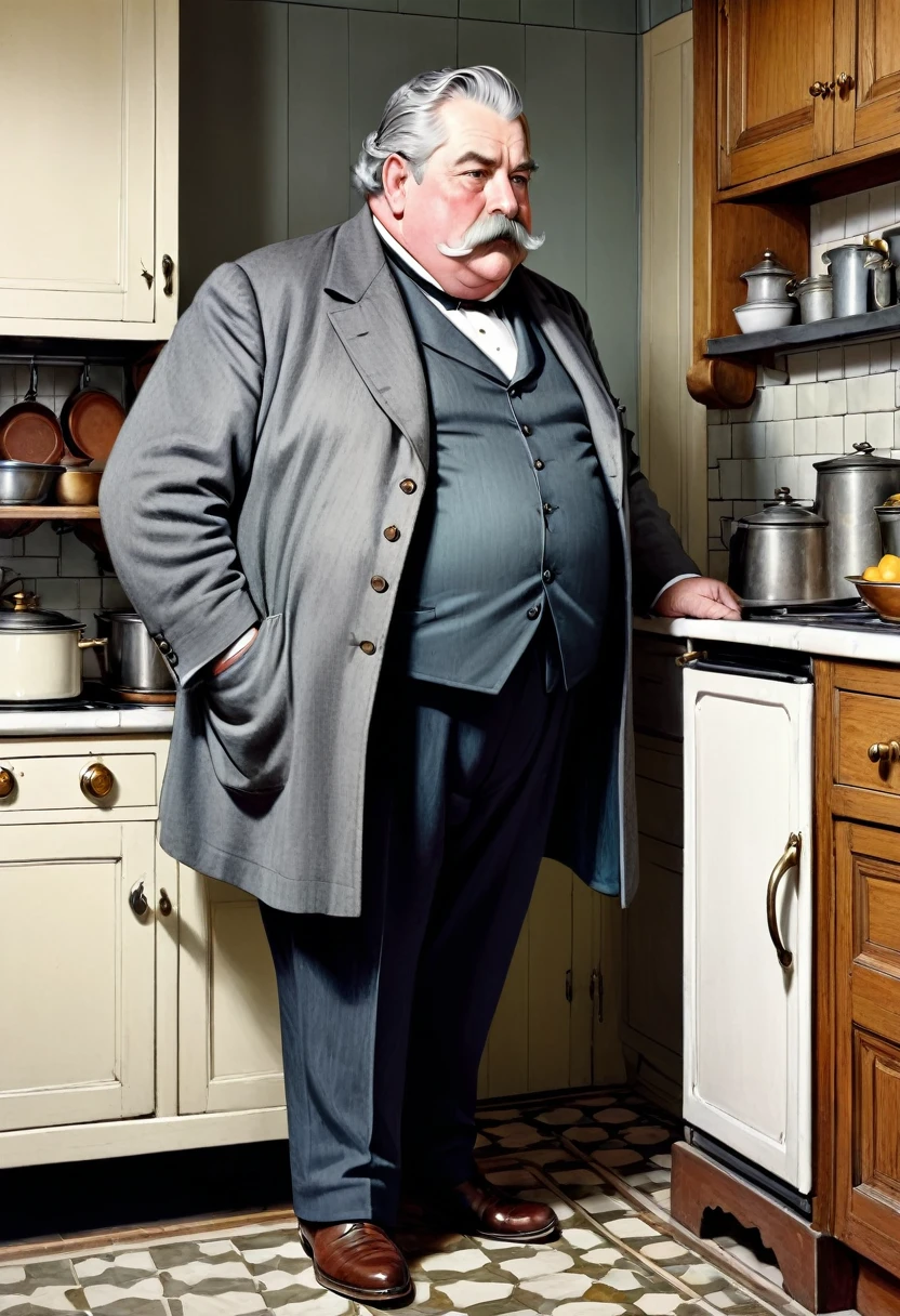 Full body shot in side view, elderly handsome obese Victorian gentleman with grey hair and moustache standing in an kitchen coloured drawing in the style of 1871 Punch magazine illustrations. In the style of Charles Dana Gibson