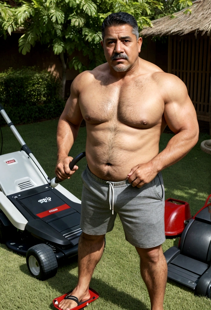 a shirtless middle-aged mexican man, hairy chest, chubby dad bod, mowing the lawn with a lawn mower, wearing gym shorts with short inseam and sandles, buzz cut, sweaty, wiping sweat off brow, facial hair, strong biceps