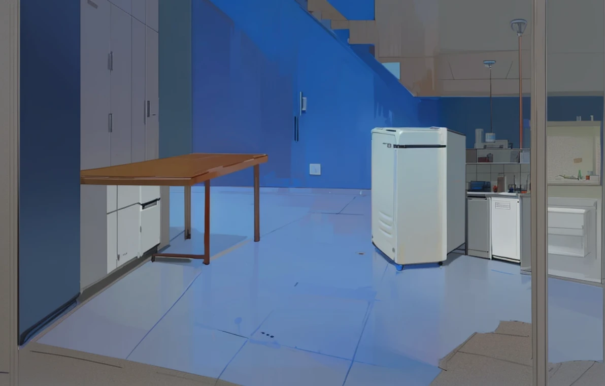 woman's room, table, refrigerator, filtro de aire, slab floor