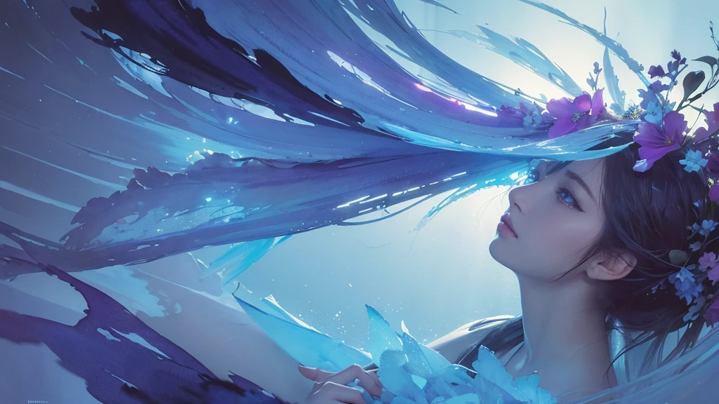 32k, Masterpiece, Highest quality, One girl, Detailed eyes, flower,gladiolus, Light blue and purple style,A dreamy, romantic piece,Pale yellow, Mysterious Leaves,A playful arrangement,Fantasy,High Contrast,Ink strokes,explosion,Exposure, Impression of light blue and purple tones,Abstract,((Watercolours by John Berkey and Jeremy Mann )) Brush strokes,Negative Space, Tyndall effect,