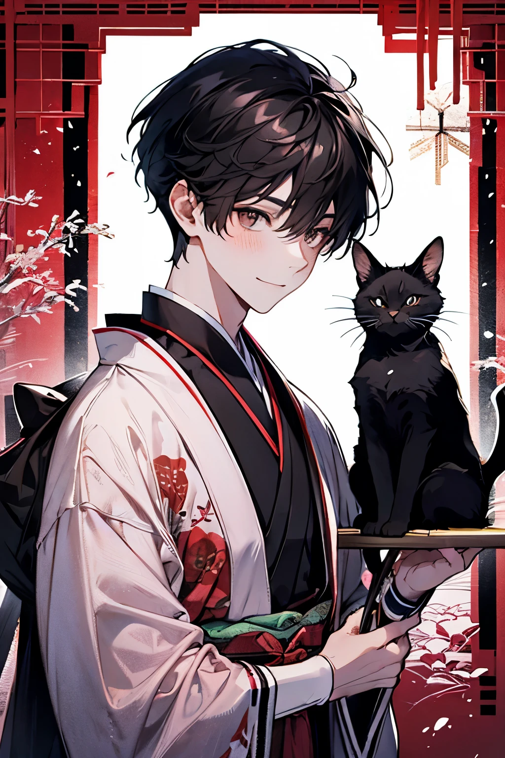 A handsome young man celebrates the New Year in a traditional Japanese setting. The moment just before he picks up a black cat and kisses it. A quiet garden covered with snow. The garden has a small pine tree and a stone lantern covered with snow, softly illuminated by the early morning light of the New Year. His features are smooth black hair, styled in a classic style, and deep brown eyes that reflect the hopeful beginning of the New Year,blush,Smile