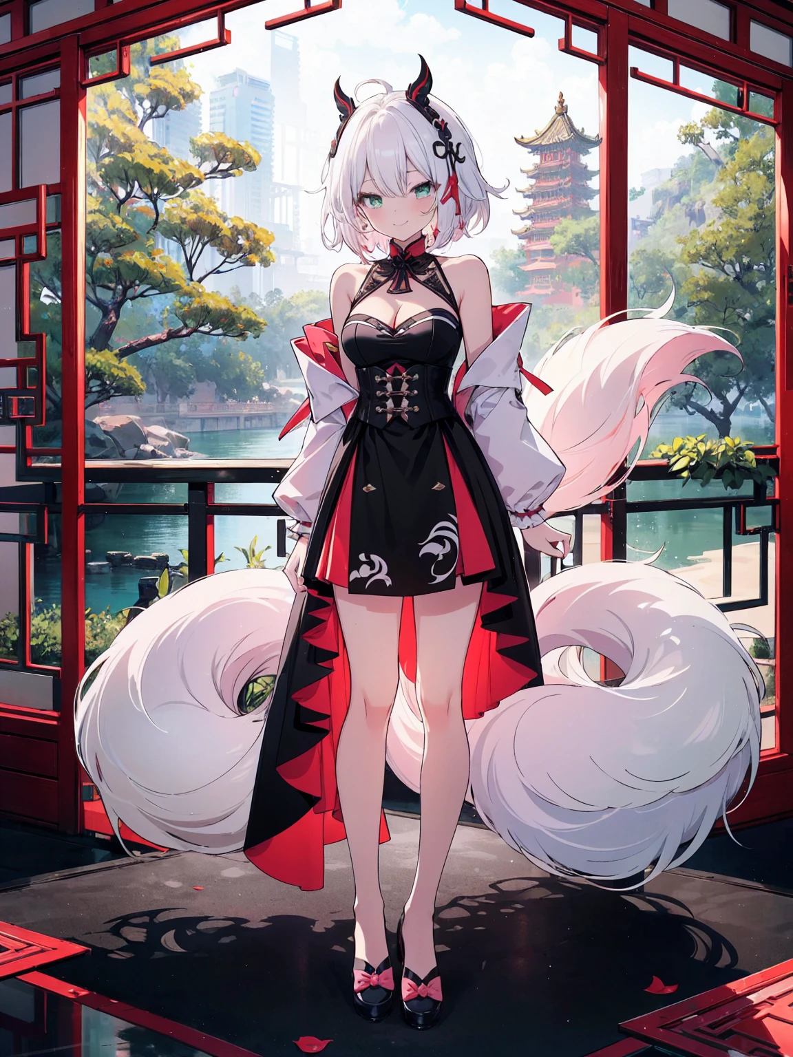 (full-body shot), (colorful:1.1), glowing, (ultra-high resolution, depth of field:1.2), (Tingyun), (Honkai Star Rail:1.1), solo, fox ears, four fox tails, fluffy tails, green eyes, red underliner, (white hair), long white hair with a hint of pink, medium breasts, (long black dress with a waist cincher), crossed collar shirt, cleavage, bare legs, smile, (squinting), chinese garden scenery