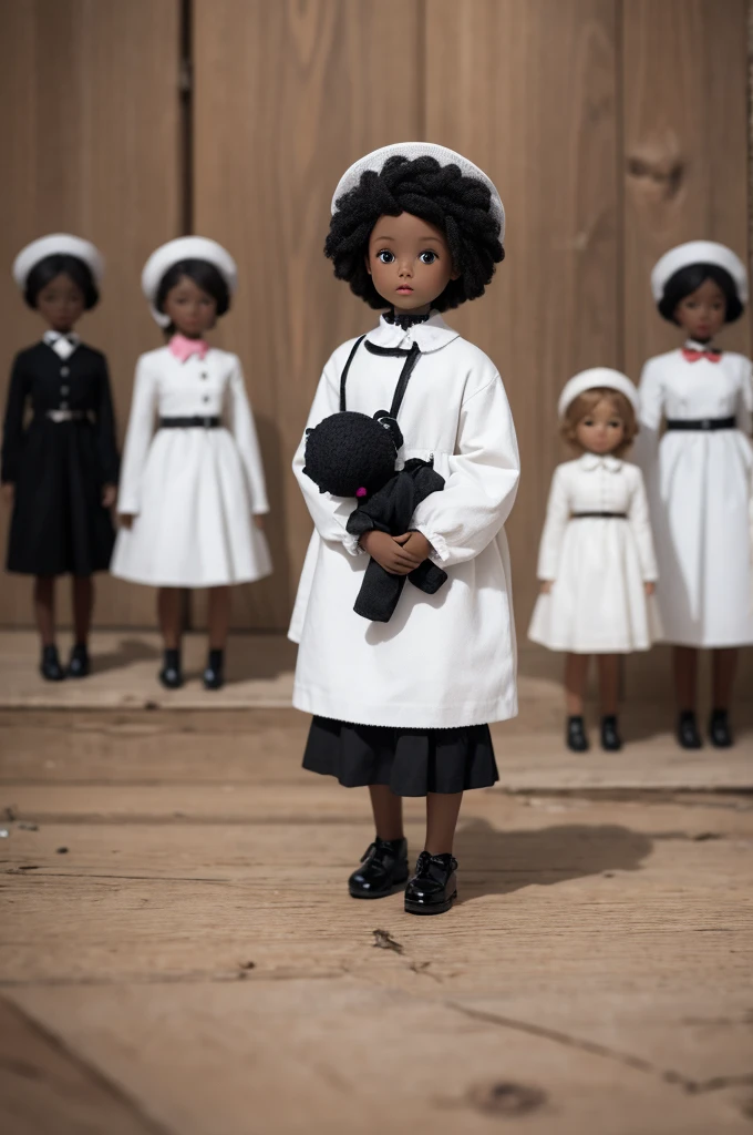 create an image with black dolls and a white one standing out in front of others as a leader