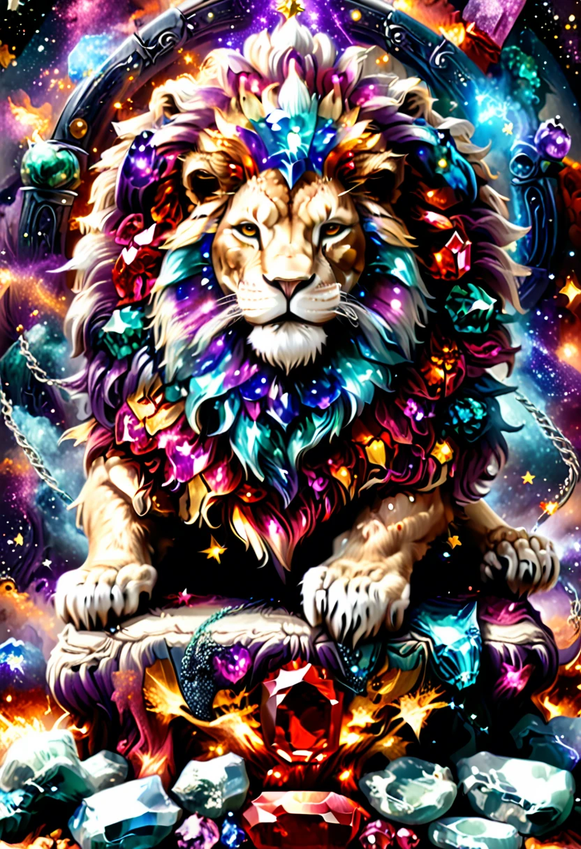 a picture of a massive epic throne, it has purple silk cushions, rubies, topaz, aquamarine gemstones, there is a lion resting at the throne base, behind the throne there are stars and nebulas of space, RagingNebula, aetherpunkai, ral-ntrgmstn