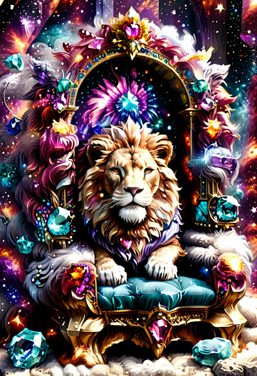 a picture of a massive epic throne, it has purple silk cushions, rubies, topaz, aquamarine gemstones, there is a lion resting at the throne base, behind the throne there are stars and nebulas of space, RagingNebula, aetherpunkai, ral-ntrgmstn