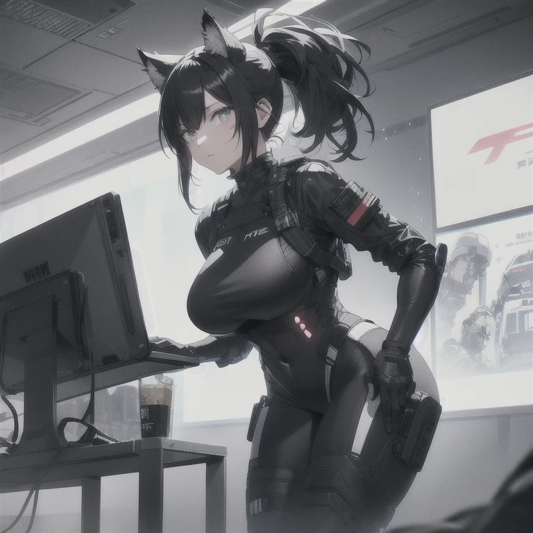 Absurd resolution, high resolution, (masterpiece: 1.4), hyper-detail, fullbody image, solo, 1 kemono feline cat woman, black hair, messy ponytail, cute face, detailed soft grey eyes, extremely large bust, huge hyper super breasts, wide full hips, narrower torso, smaller torso, full thicc soft thighs, rounded full soft butt, monochrome fullbody covering protective padding pilot rugged utility suit with white accents and chest, scifi padded high collar techwear jacket with white and black triangular decals and techwear iconography, techwear gloves, lower arm mounted display scifi tablet/communication device/computer, rugged tablet display mounted on MOLLE strap on top of her bust, fitted utility pants, near future scifi, cyberpunk aesthetic, anime aesthetic
