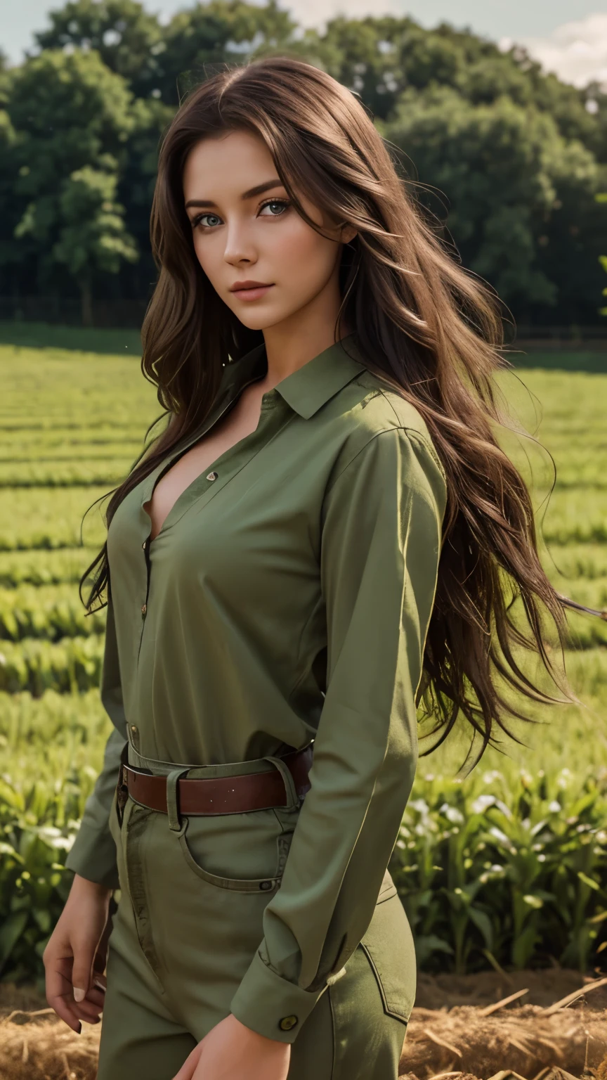 25 years old, farmer sexy girl, 8K, high detailed, green eyes, long hair, cinematic