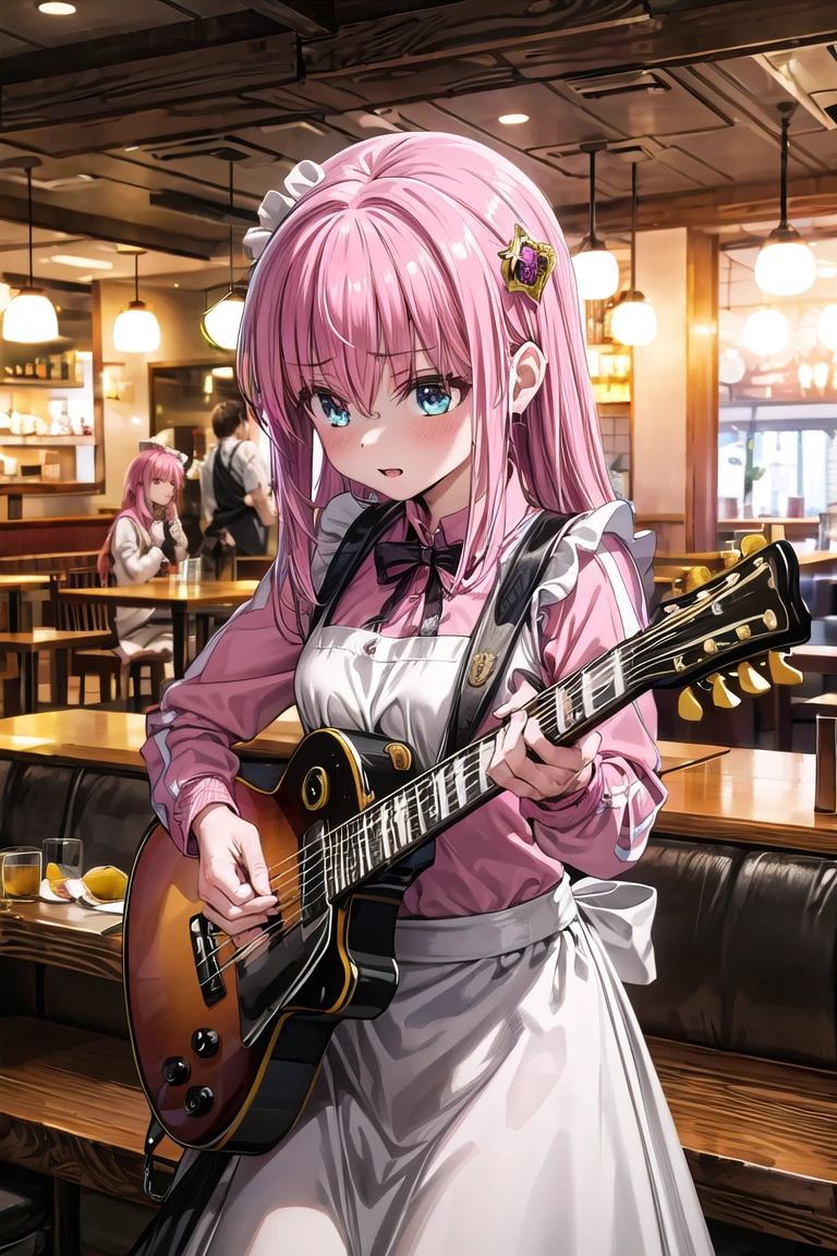 1 girl, pink hair, maid cosplay, dress, hair ornament, apron, playing a black guitar, headbanging, (restaurant,bangraund:1.3)