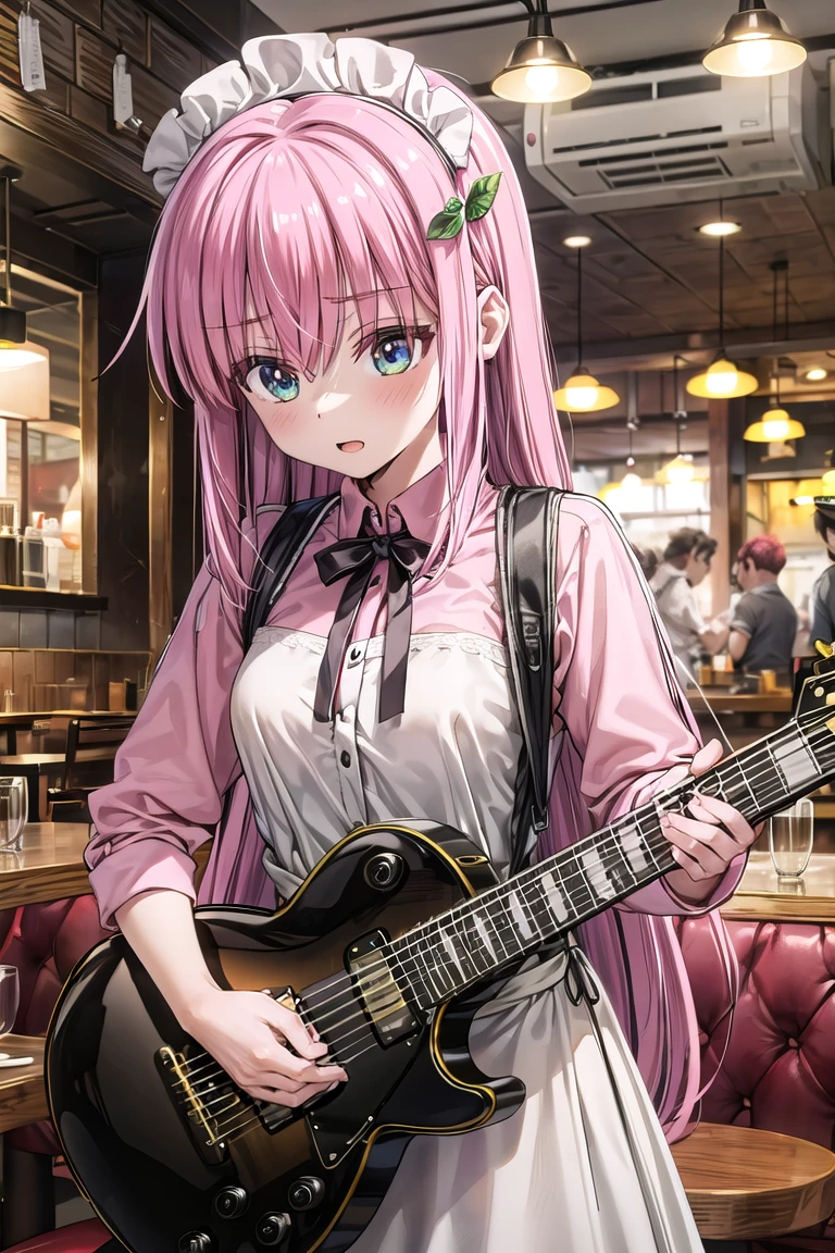 1 girl, pink hair, maid cosplay, dress, hair ornament, apron, playing a black guitar, headbanging, (restaurant,bangraund:1.3)